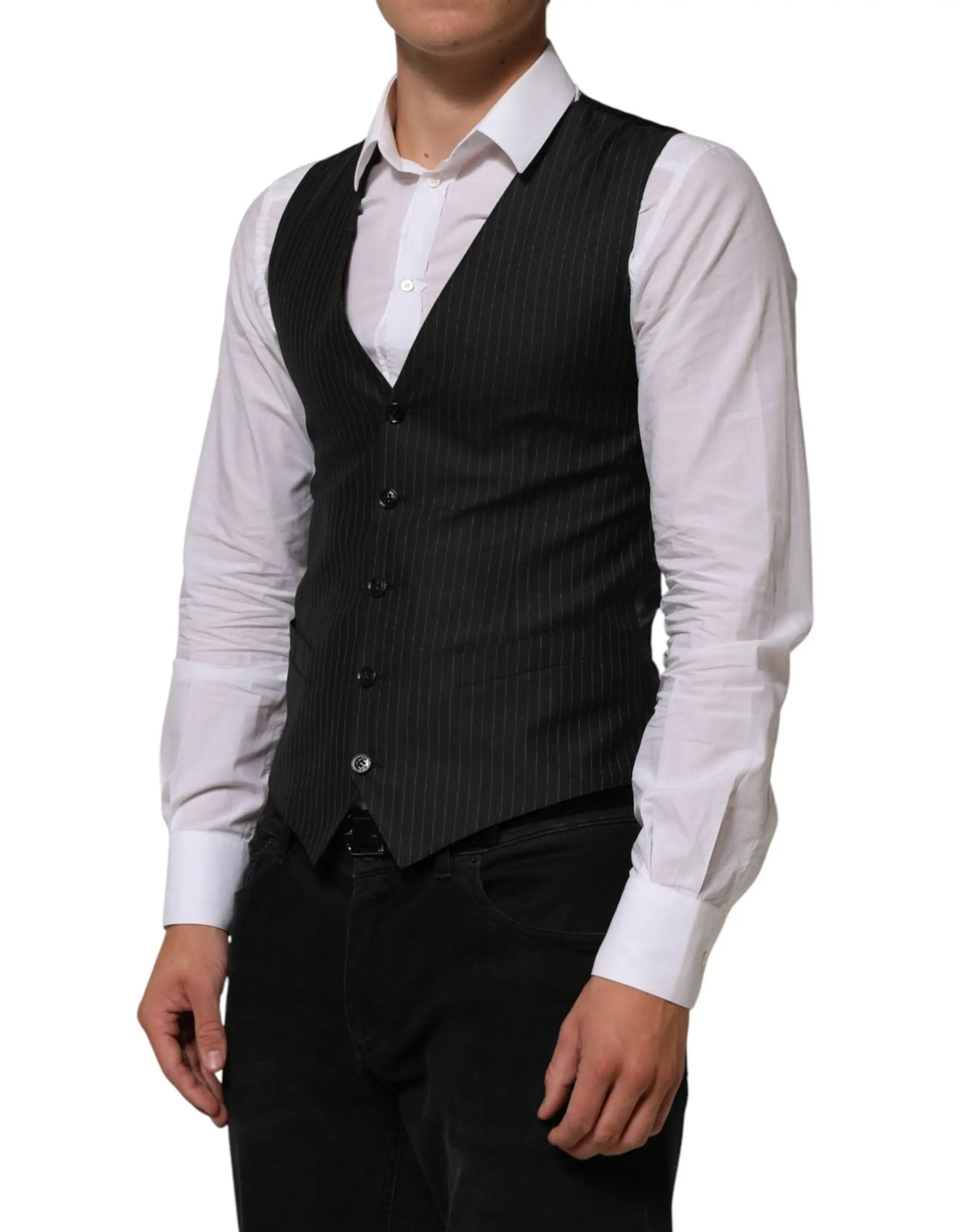 Dolce & gabbana gilet homme noir en laine à rayures fines avec cinq boutons noirs pour tenue habillée formelle