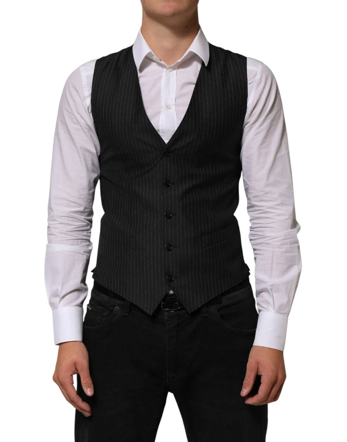Dolce & Gabbana gilet homme noir en laine à fines rayures avec cinq boutons noirs pour costume formel