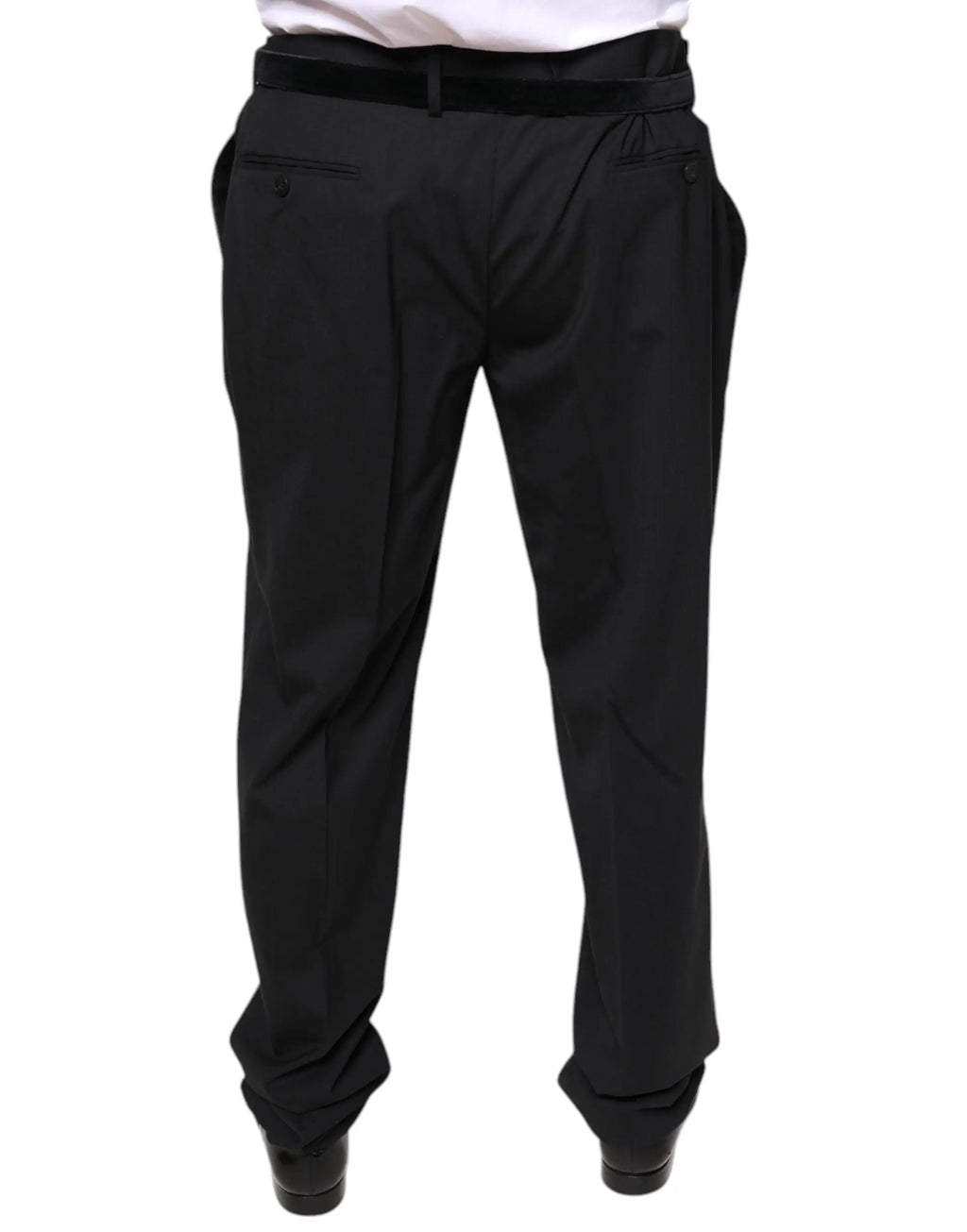 Pantalon noir plissé dolce & gabbana en laine pour homme avec ceinture en velours assortie pour tenue formelle