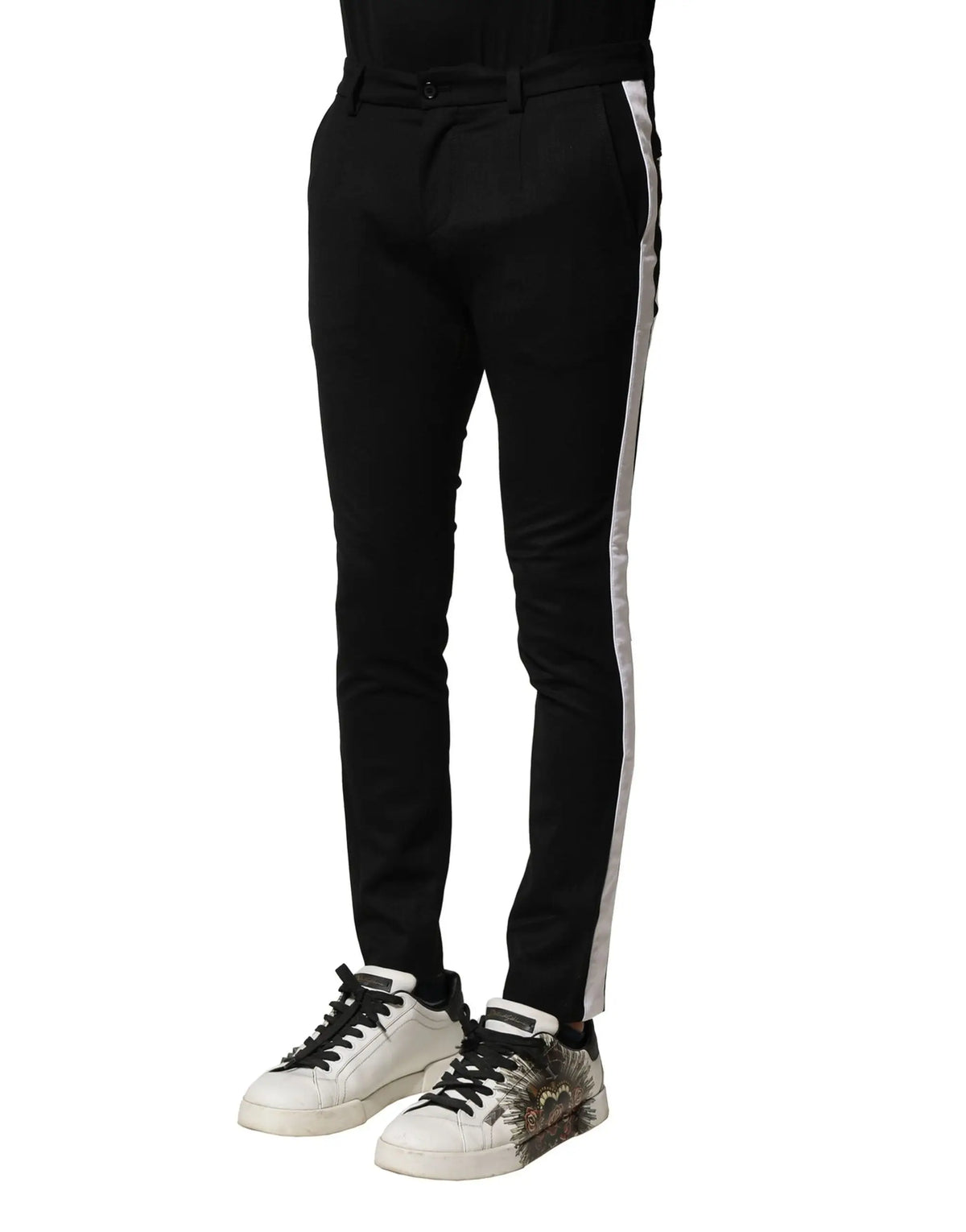 Pantalon slim noir dolce & gabbana en laine avec bande blanche verticale sur le côté extérieur de chaque jambe