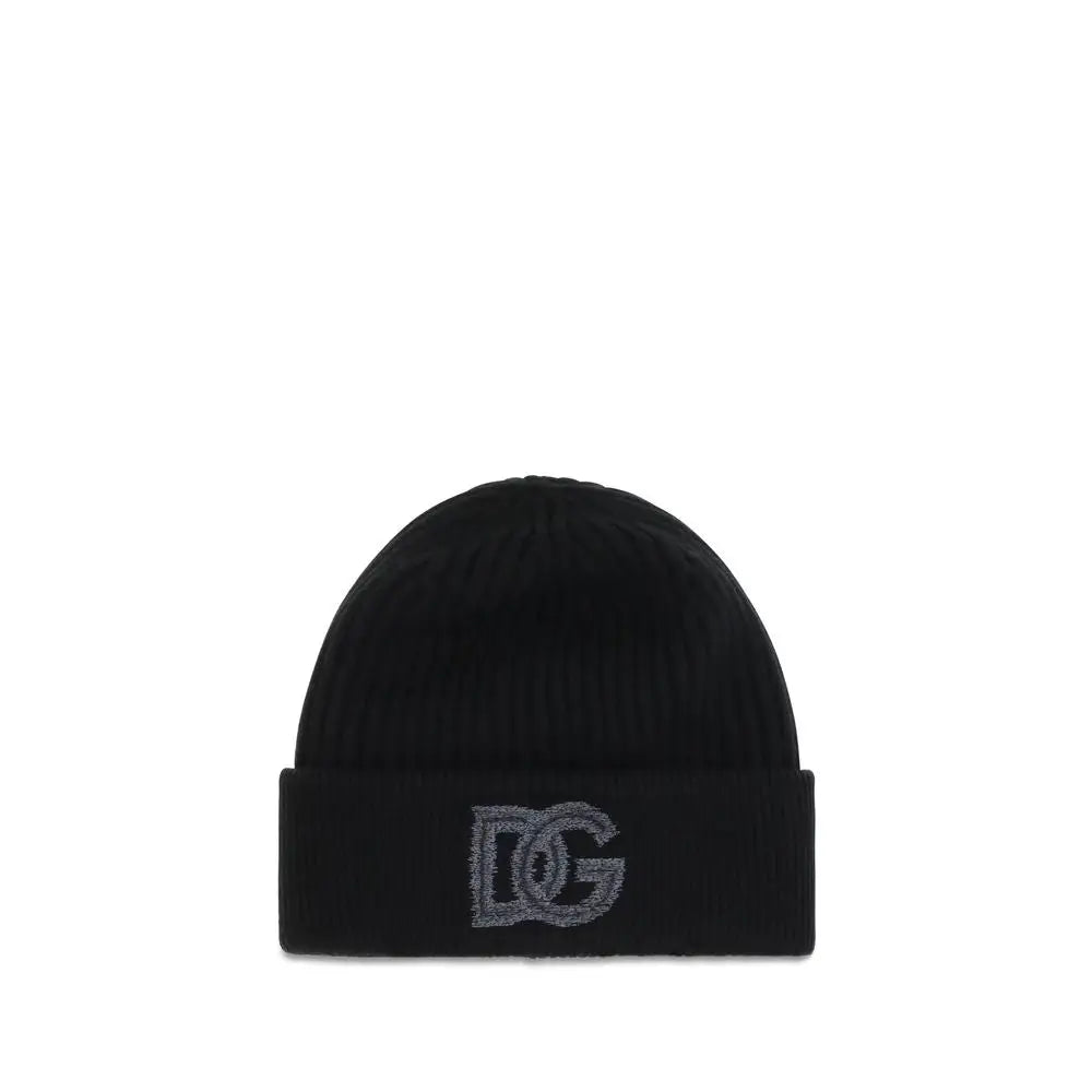 Dolce & gabbana bonnet noir en laine côtelée avec revers brodé dg gris en face avant