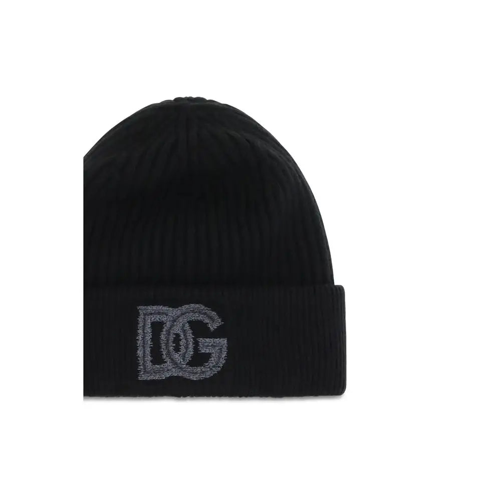 Bonnet dolce & gabbana noir en laine côtelée avec logo dg gris brodé sur le revers