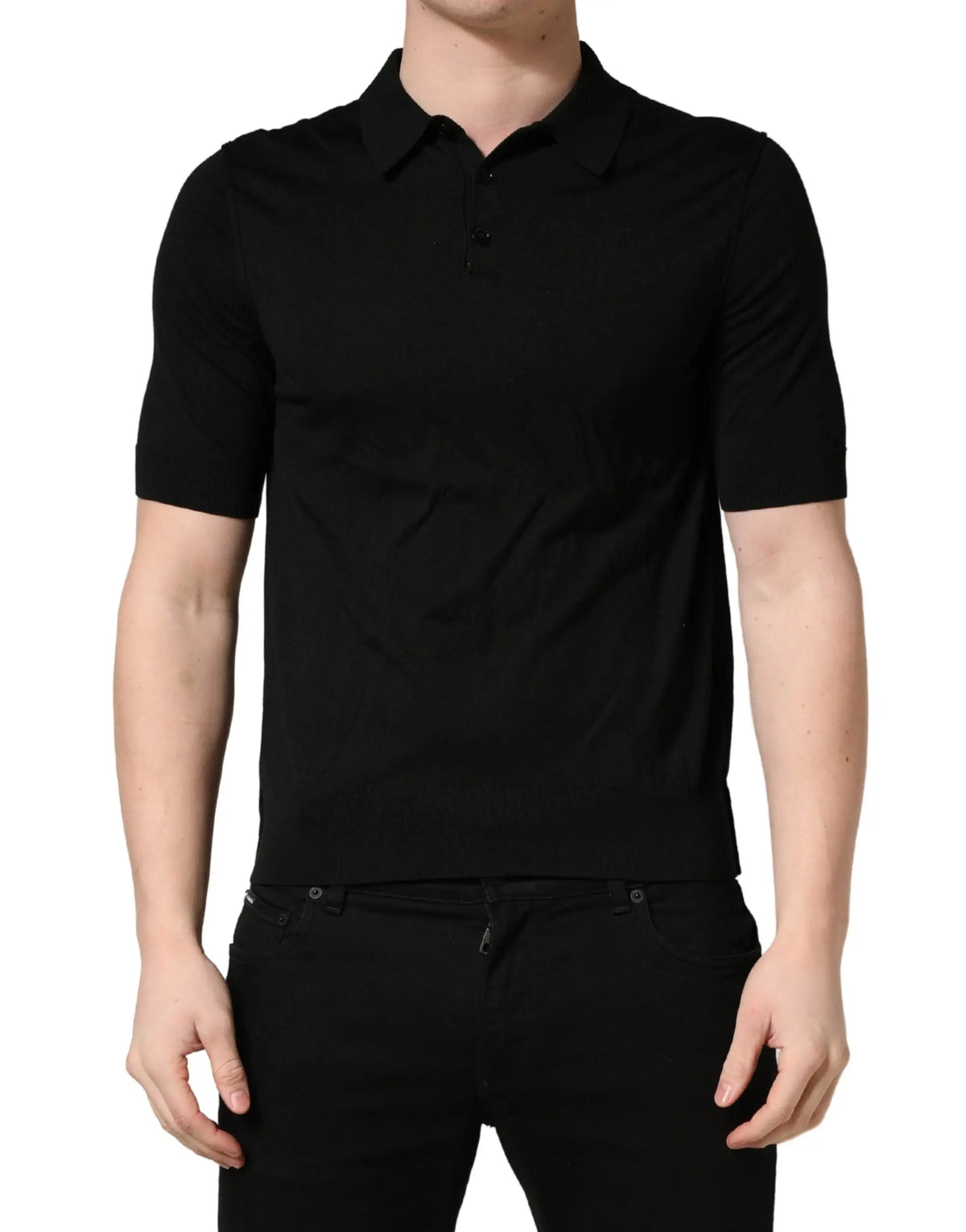 Polo pour homme dolce & gabbana en laine noire avec manches courtes col classique et patte de boutonnage