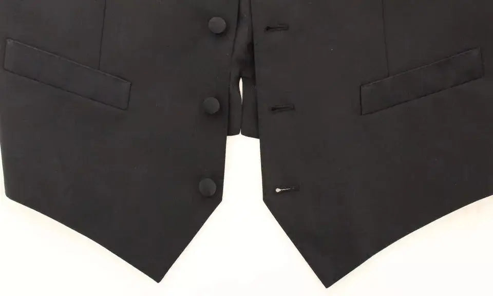 Dolce & gabbana gilet veste noire en laine et soie avec trois boutons assortis et deux poches à rabat formelles