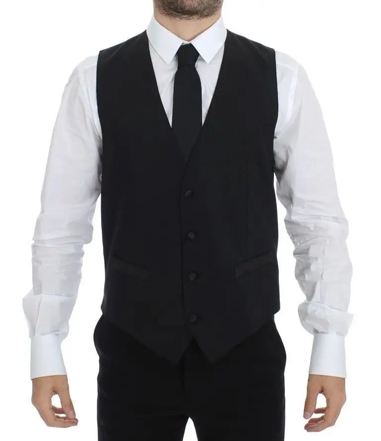 Dolce & gabbana noir gilet de costume en laine soie stretch avec coupe ajustée et cinq boutons assortis