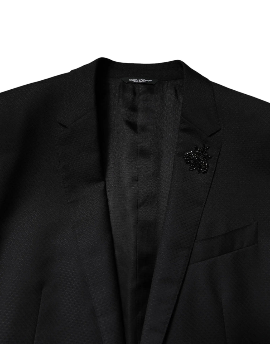 Épinglette abeille noire perlée sur veste dolce & gabbana noire en laine densemble costume deux pièces simple boutonnage