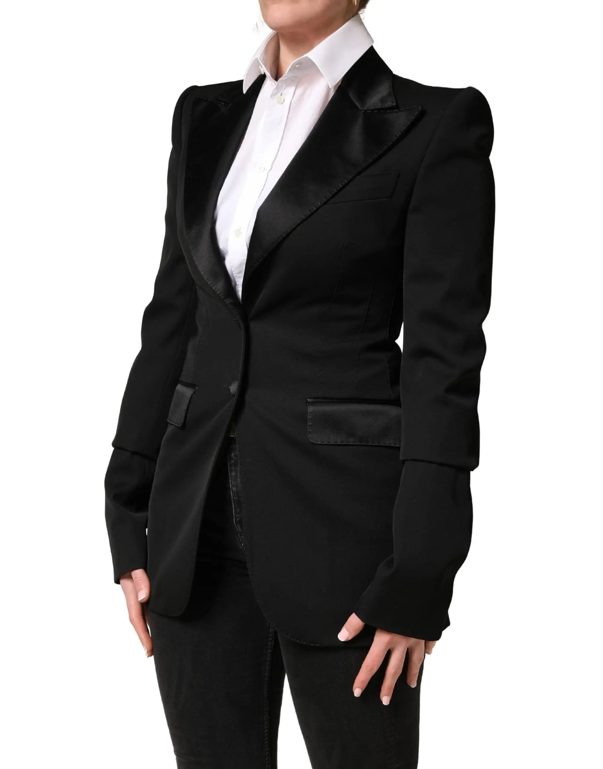 Blazer dolce & gabbana noir en laine avec revers en satin noir épaules structurées et coupe ajustée élégante