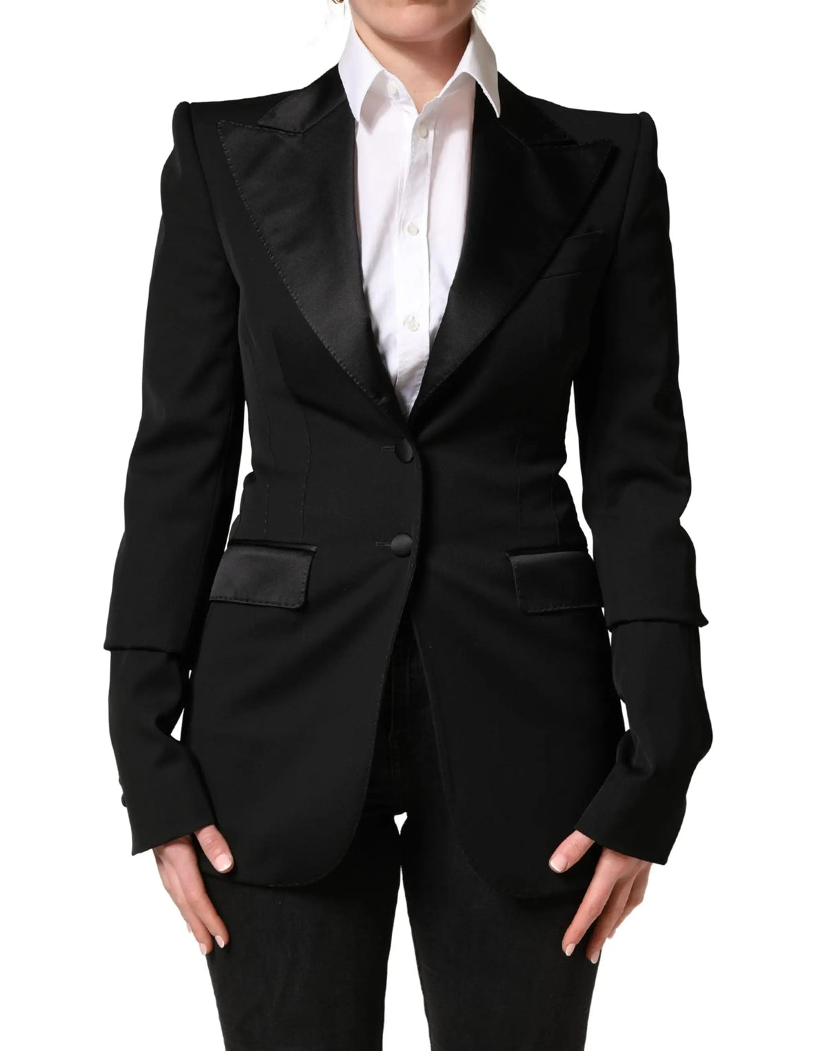Dolce & gabbana blazer noir en laine avec revers en satin et épaules à pointe tailored pour homme