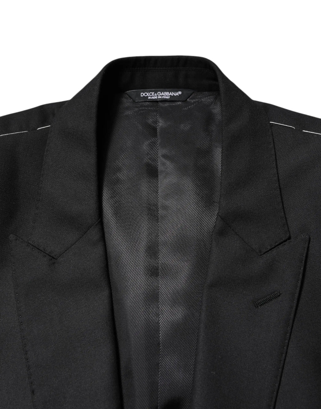 Veste blazer dolce & gabbana noire en laine avec doublure satinée élégante et surpiqûres blanches discrètes