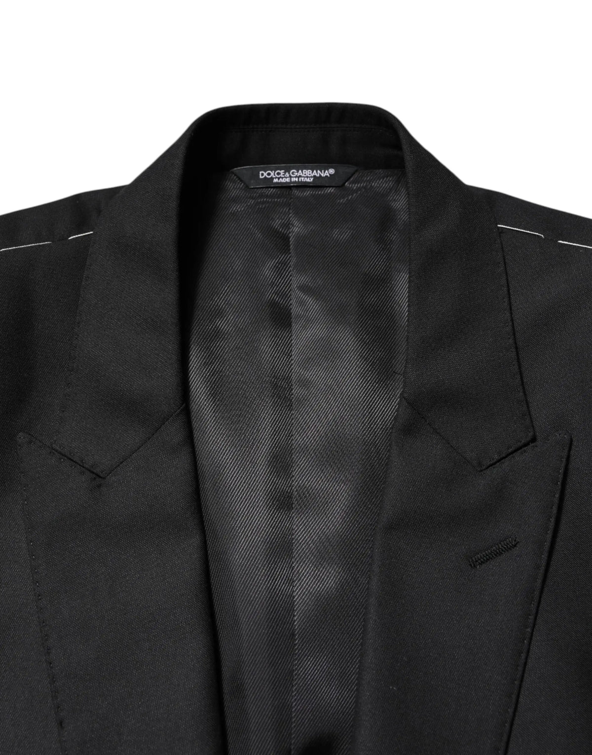 Veste blazer dolce & gabbana noire en laine avec doublure satinée élégante et surpiqûres blanches discrètes