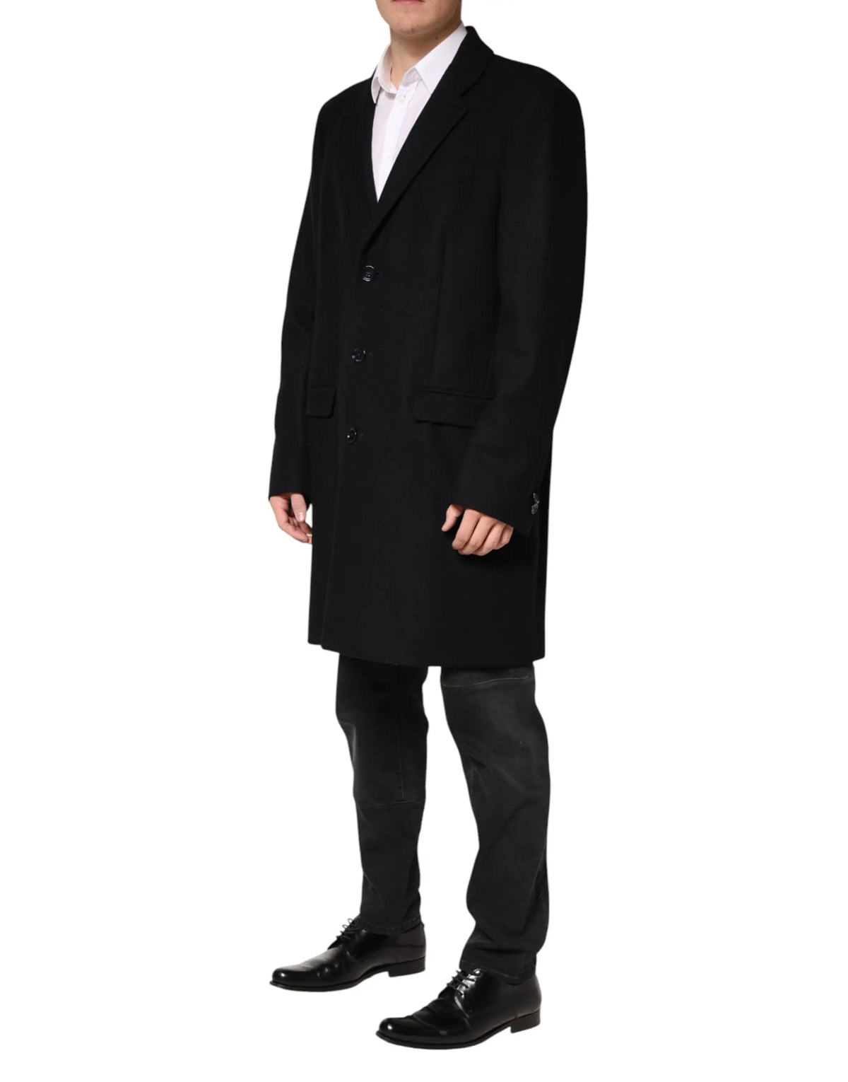 Dolce & gabbana manteau long en laine noire à double boutonnage avec revers crantés pour homme