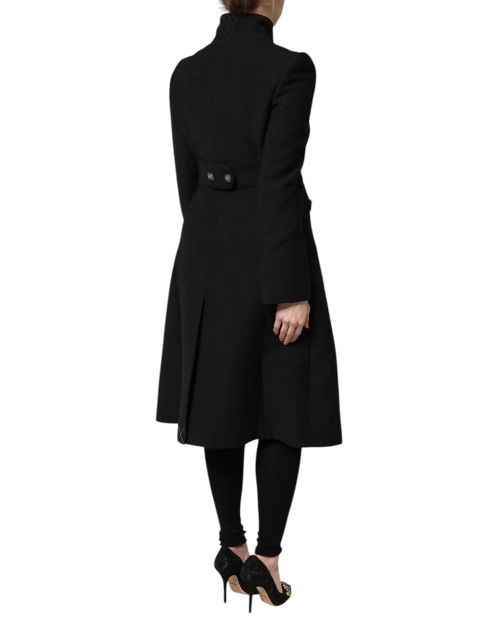 Trench coat dolce & gabbana noir en laine avec col montant et double boutonnière à la taille