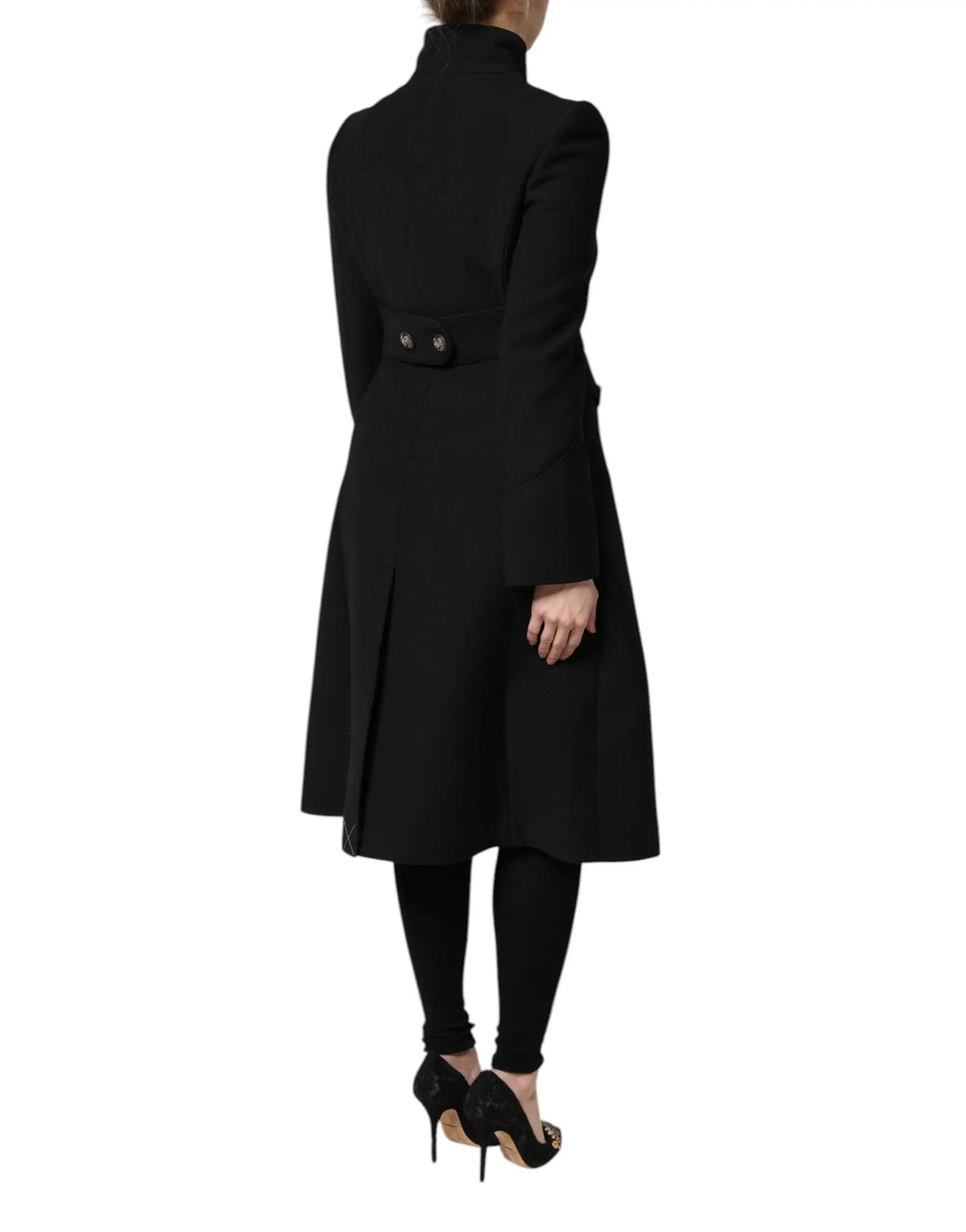 Trench coat dolce & gabbana noir en laine avec col montant et double boutonnière à la taille