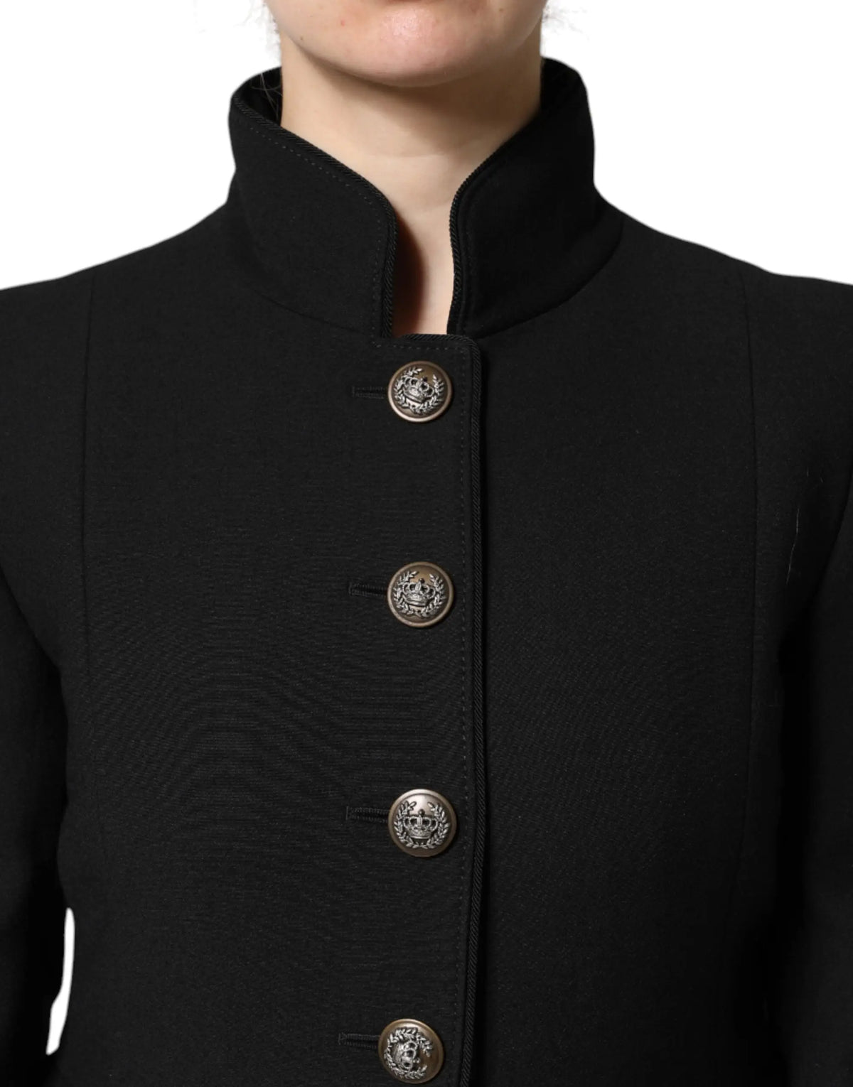 Dolce & gabbana trench coat noir en laine avec col haut et boutons argentés à thème crâne