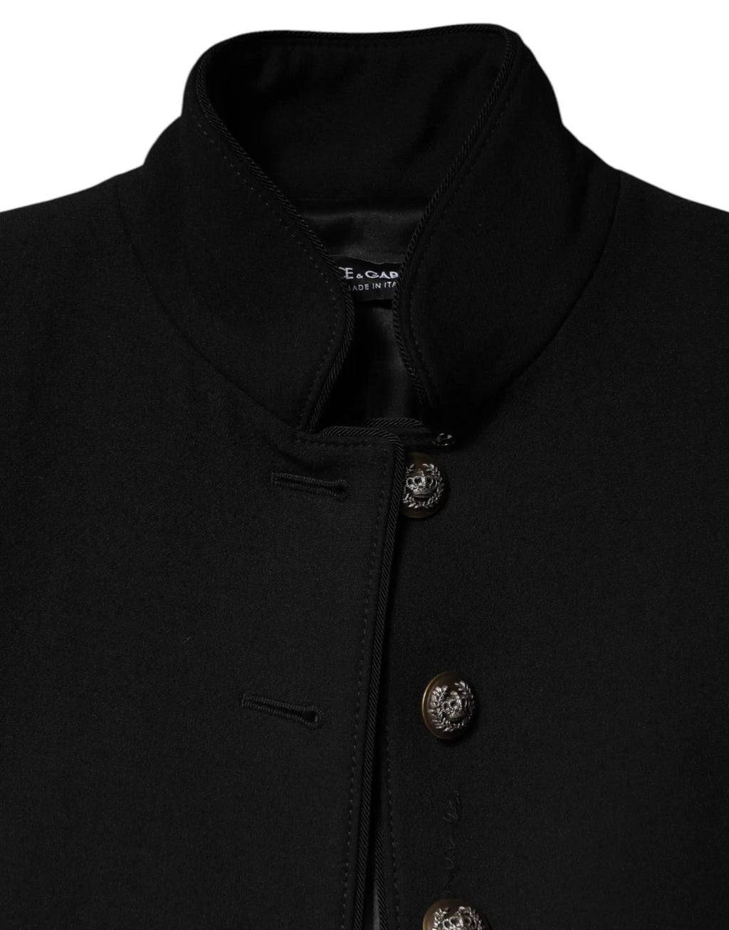 Dolce & Gabbana trench coat noir en laine avec col montant et boutons argentés ornés