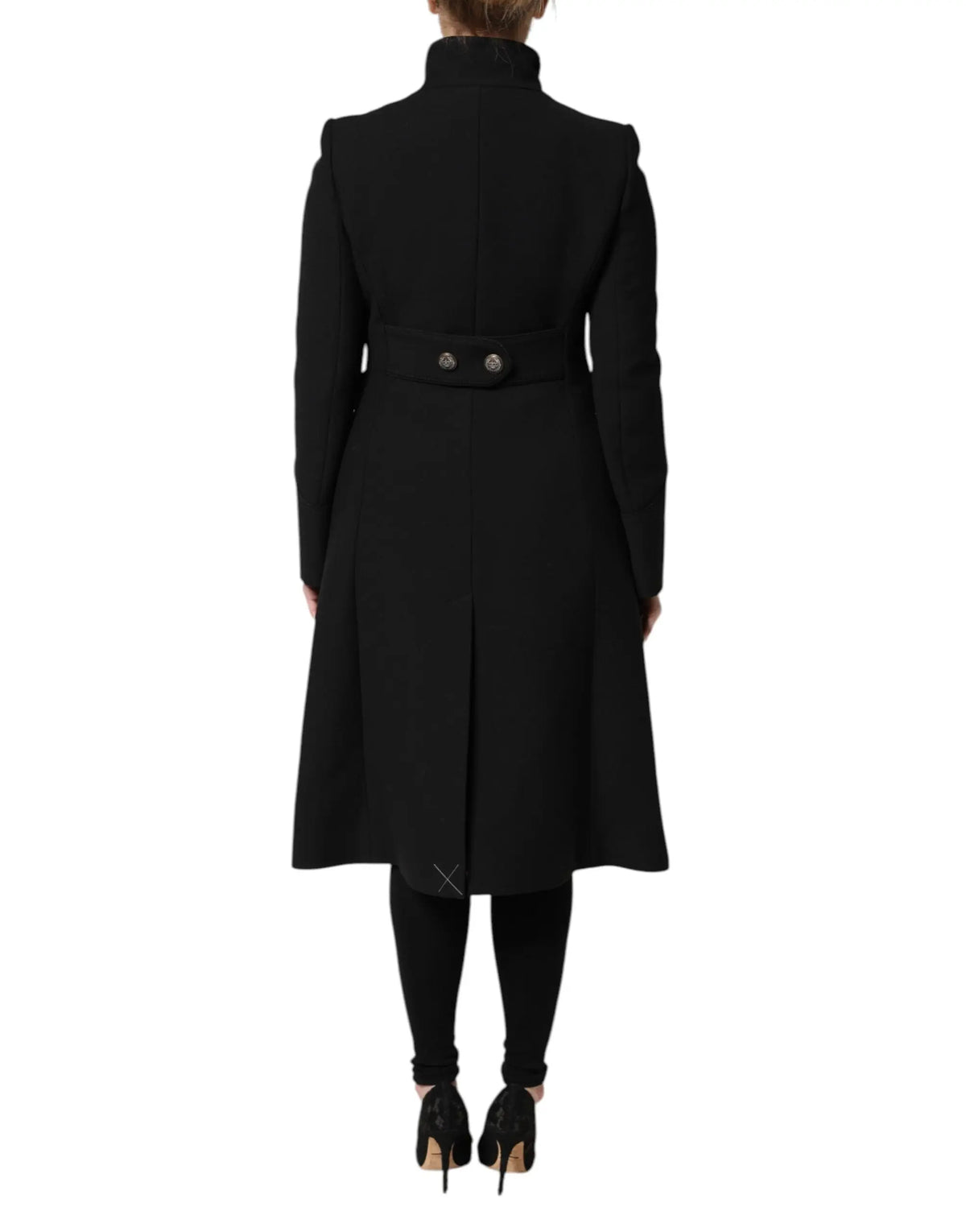 Dolce & gabbana manteau trench en laine noire à col haut et double boutonnage avec deux boutons argentés à la taille