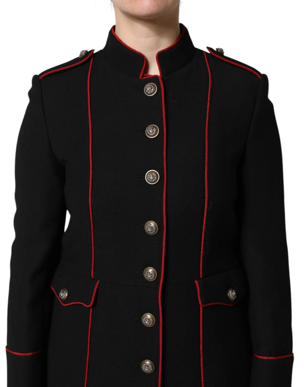 Dolce & Gabbana trench coat noir en laine avec boutons argentés et passepoil rouge style militaire