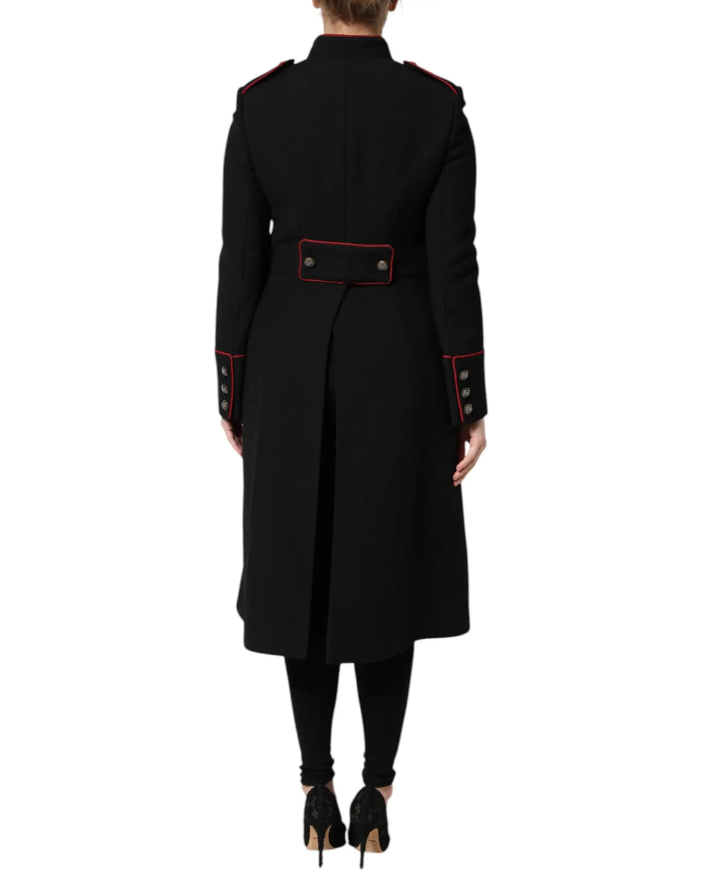 Dolce & gabbana manteau trench en laine noir style militaire avec passepoil rouge col poignets et taille