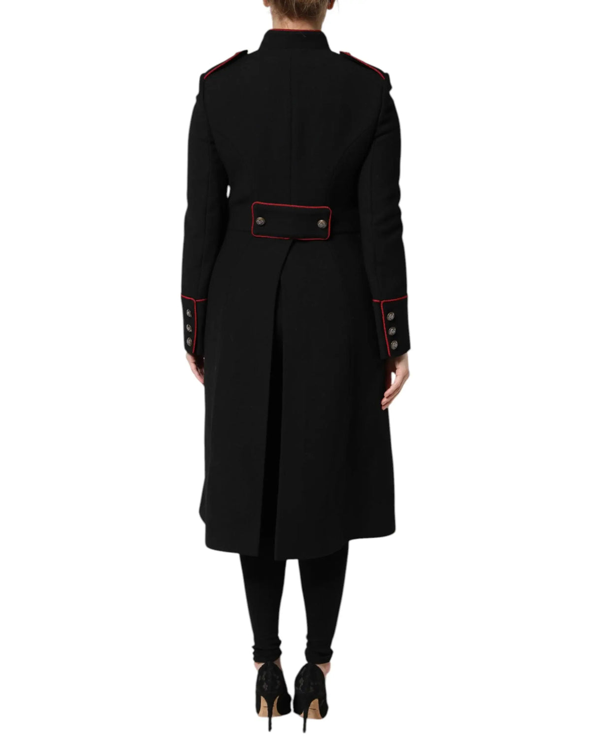 Dolce & gabbana manteau trench en laine noir style militaire avec passepoil rouge col poignets et taille