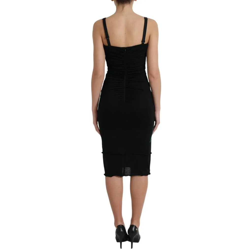 Dos de robe midi noire ajustée dolce & gabbana en laine avec bretelles fines et détails froncés au dos
