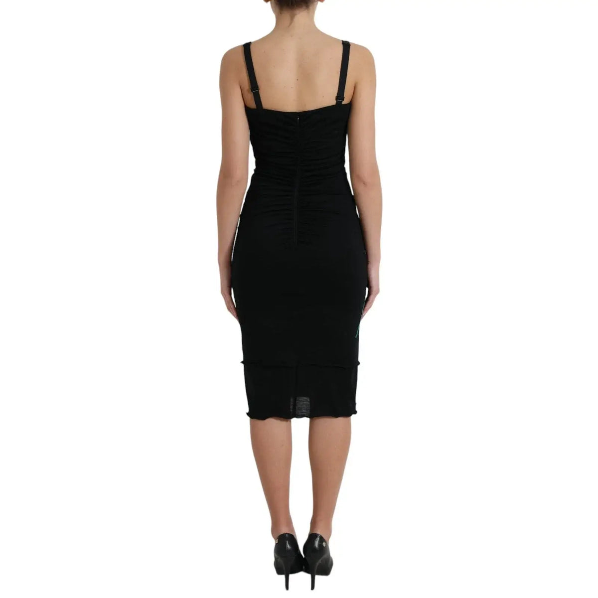 Dos de robe midi noire ajustée dolce & gabbana en laine avec bretelles fines et détails froncés au dos