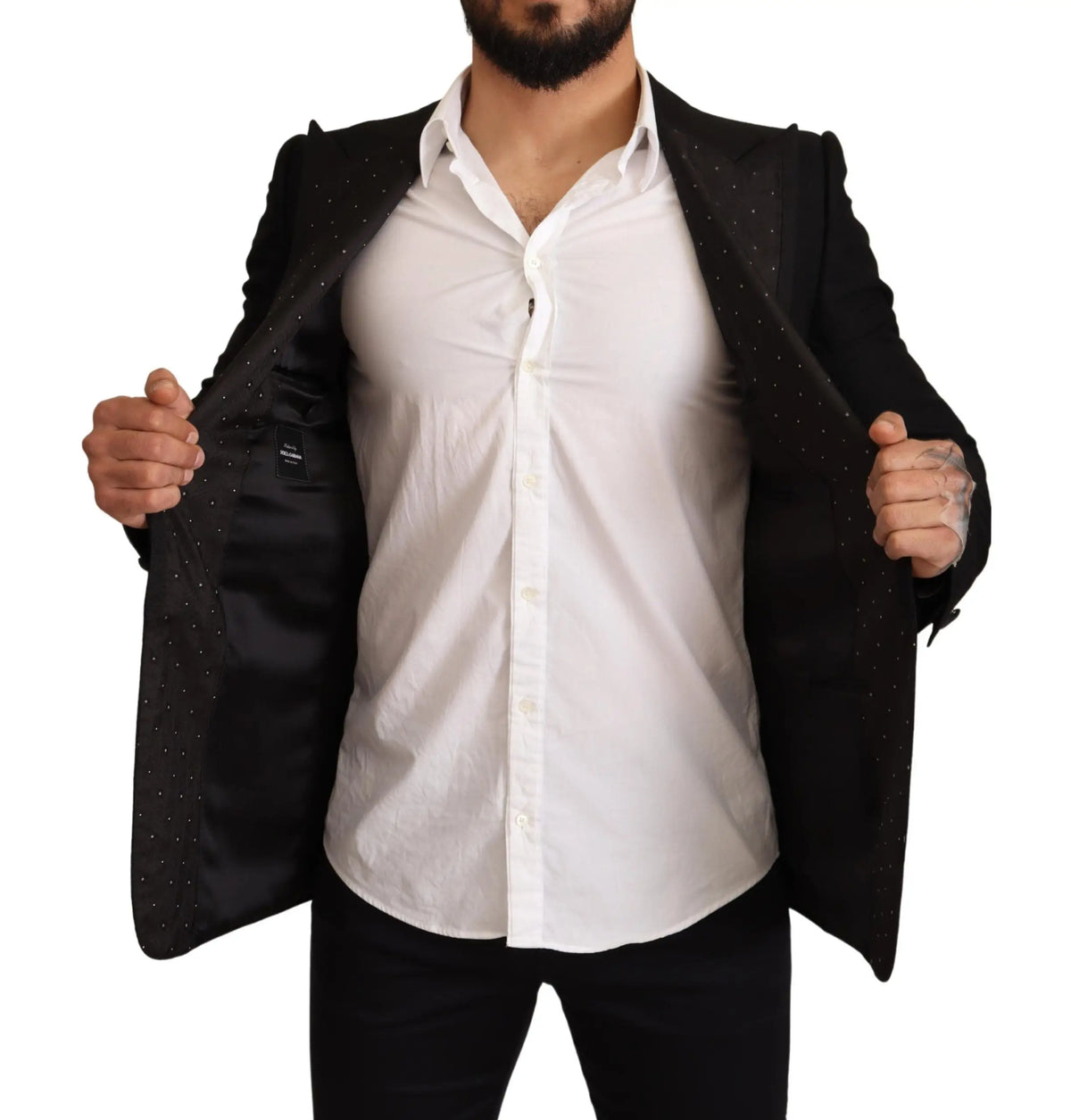 Dolce & gabbana blazer noir en laine slim fit avec motif discret de points dorés