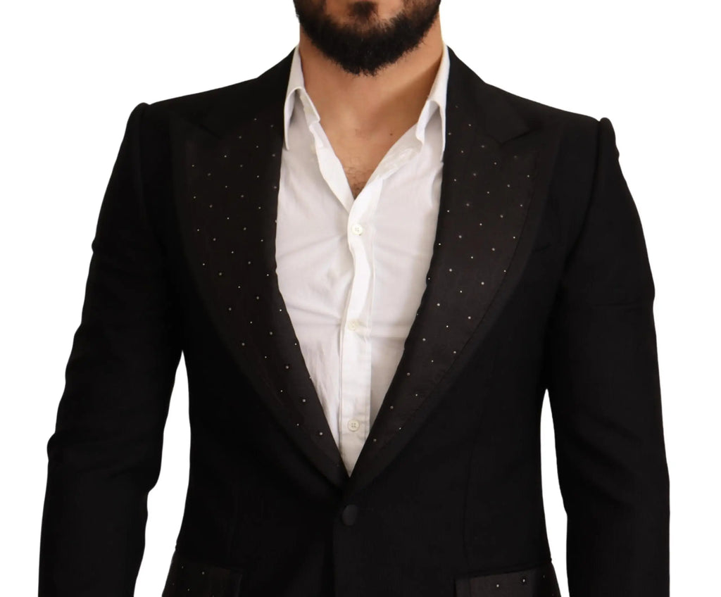 Veste dolce & gabbana noire en laine slim fit avec détails subtils en argent sur les revers de smoking