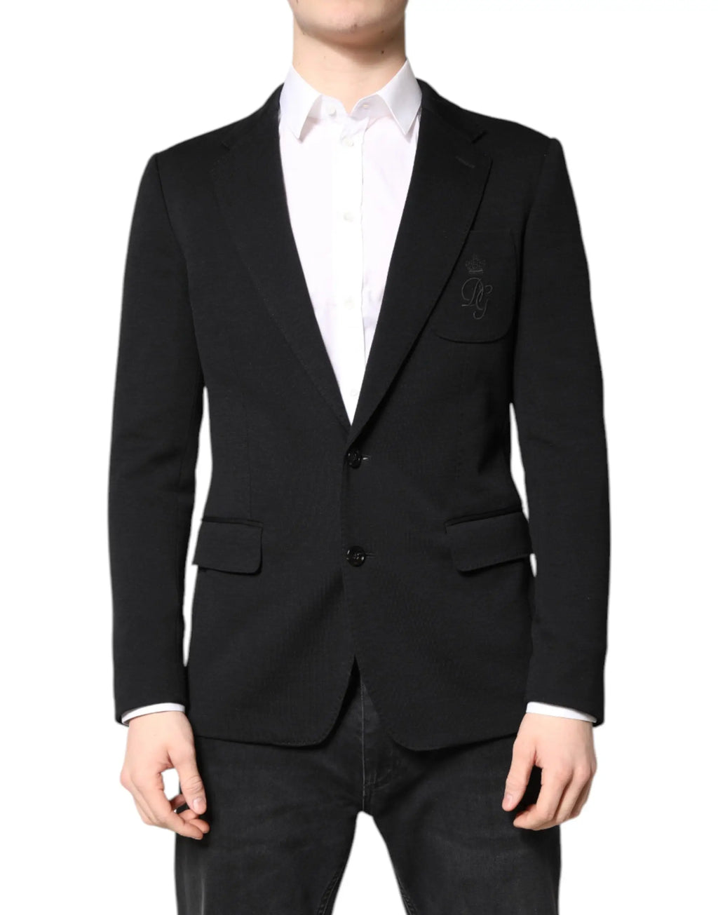Dolce & Gabbana blazer noir en laine slim fit avec logo brodé subtil sur la poche poitrine gauche