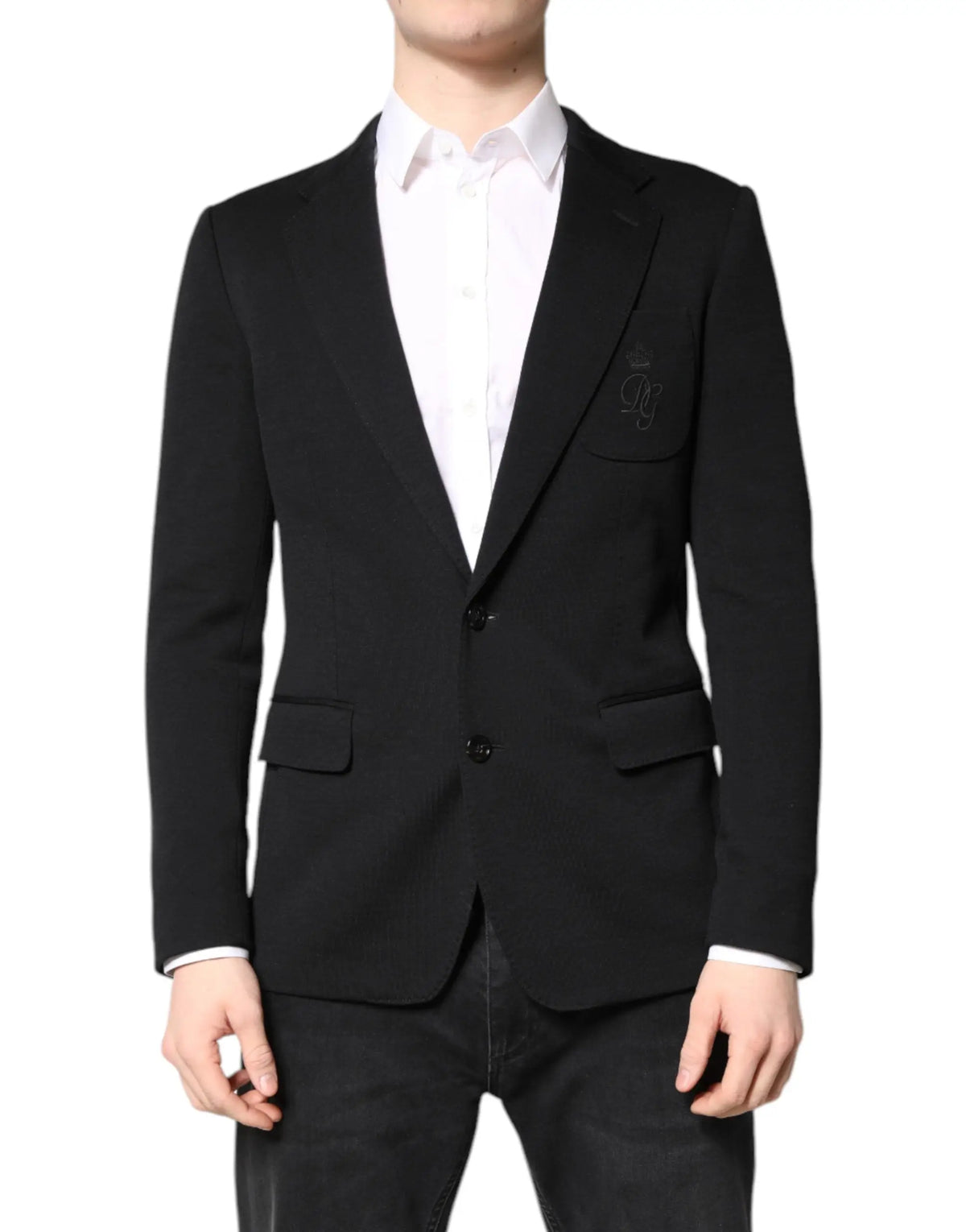 Dolce & Gabbana blazer noir en laine slim fit avec logo brodé subtil sur la poche poitrine gauche