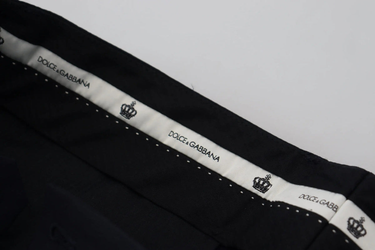 Dolce & gabbana pantalon slim formel en laine noire avec ceinture noire et étiquette blanche à logos couronne noirs