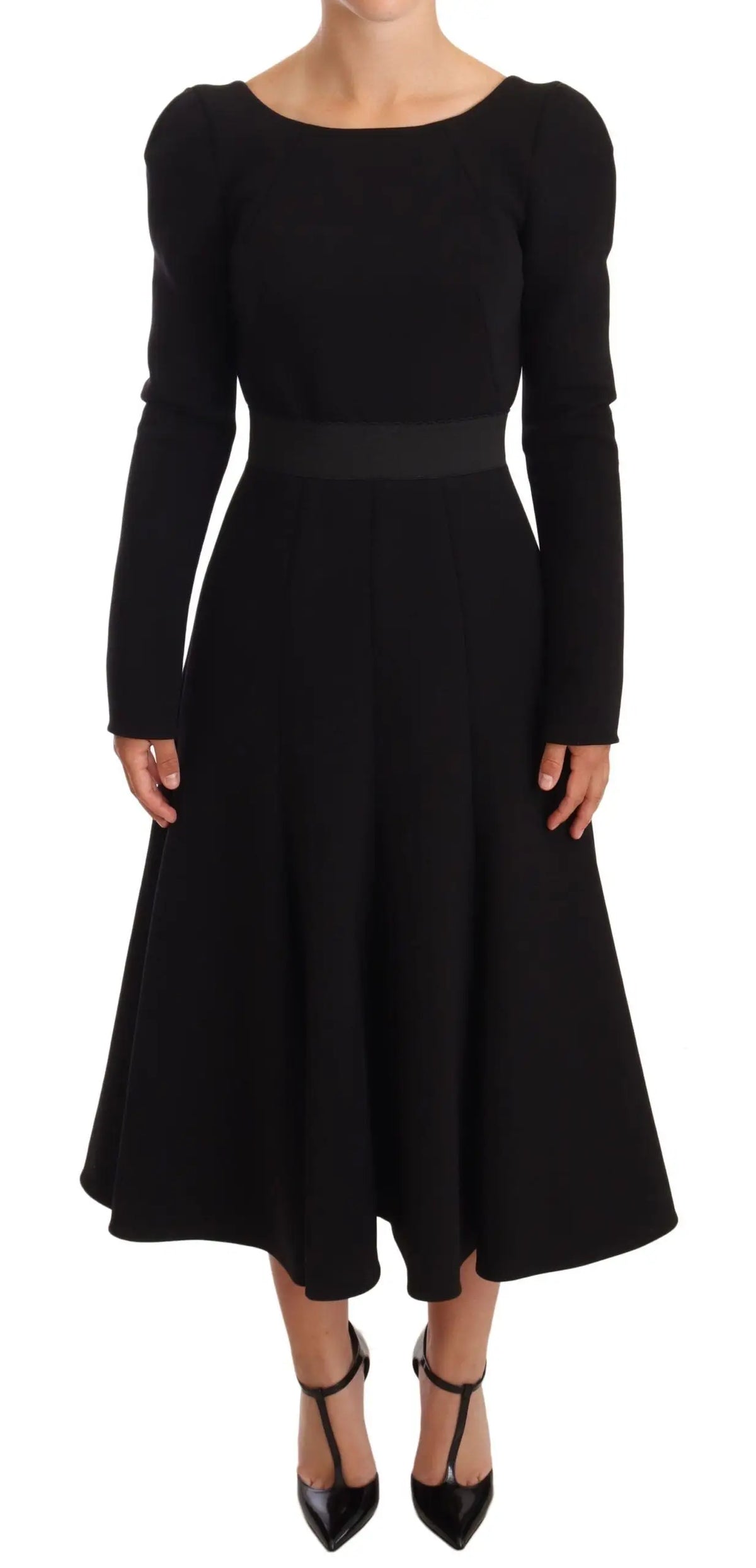 Robe midi noire dolce & gabbana en laine stretch avec manches longues bouffantes et taille cintrée vue dos
