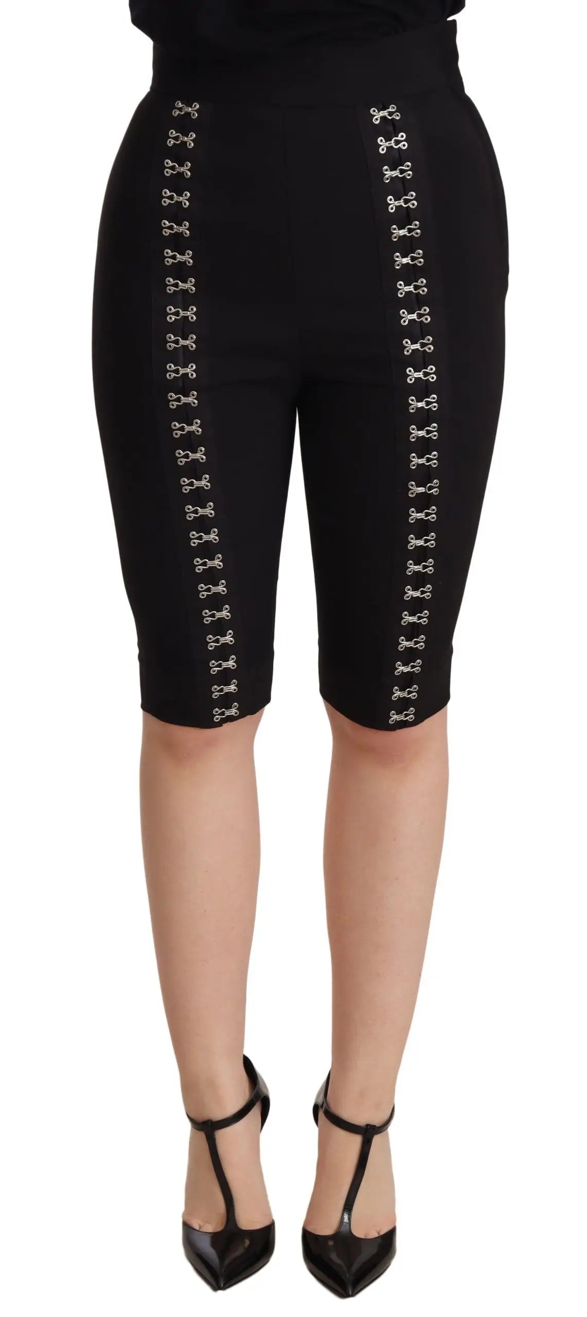 Dolce & gabbana shorts noirs en laine stretch taille haute slim avec clous argentés décoratifs sur les coutures