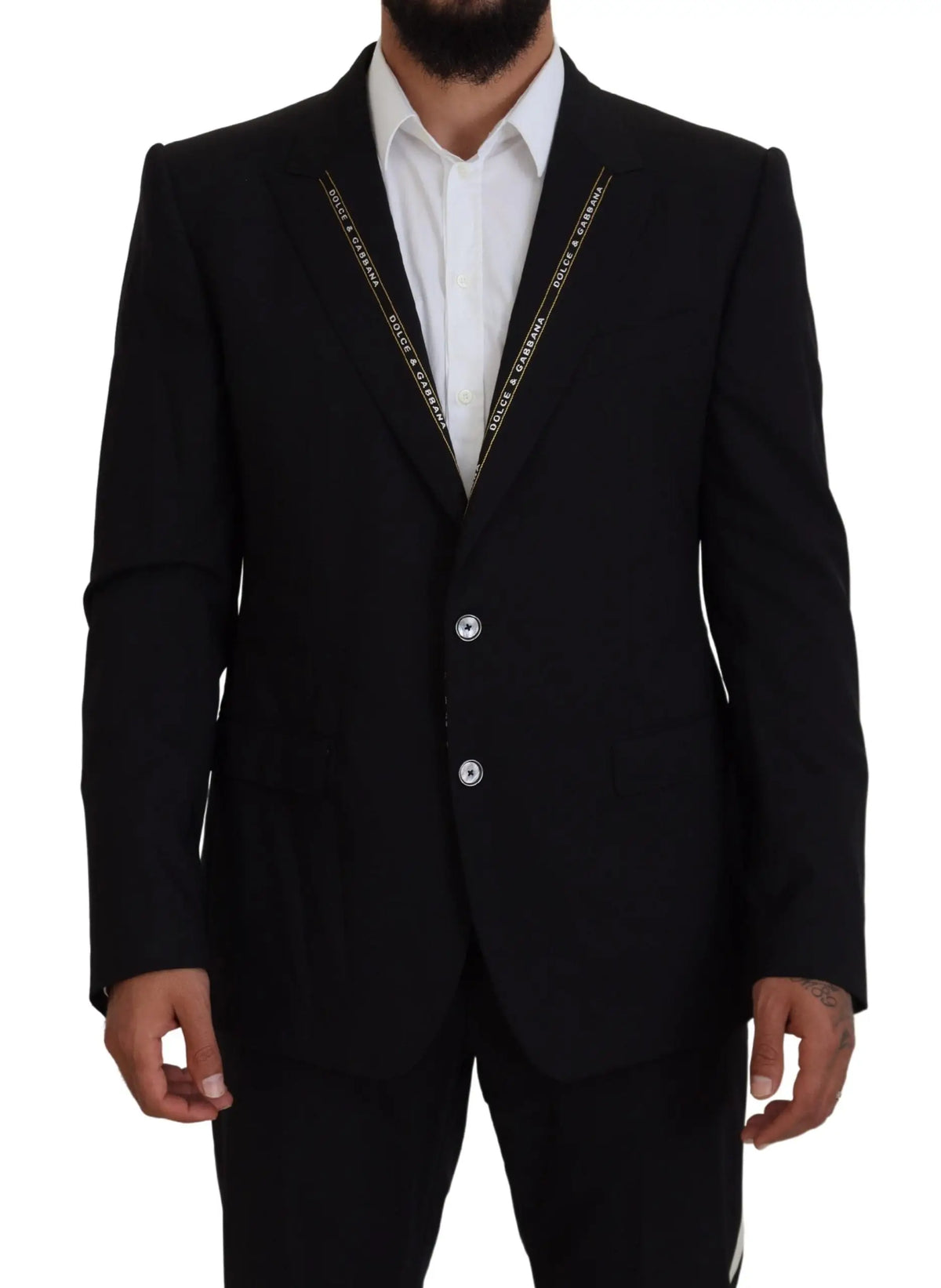Dolce & gabbana blazer noir en laine stretch avec coupe slim et bordure dorée sur les revers