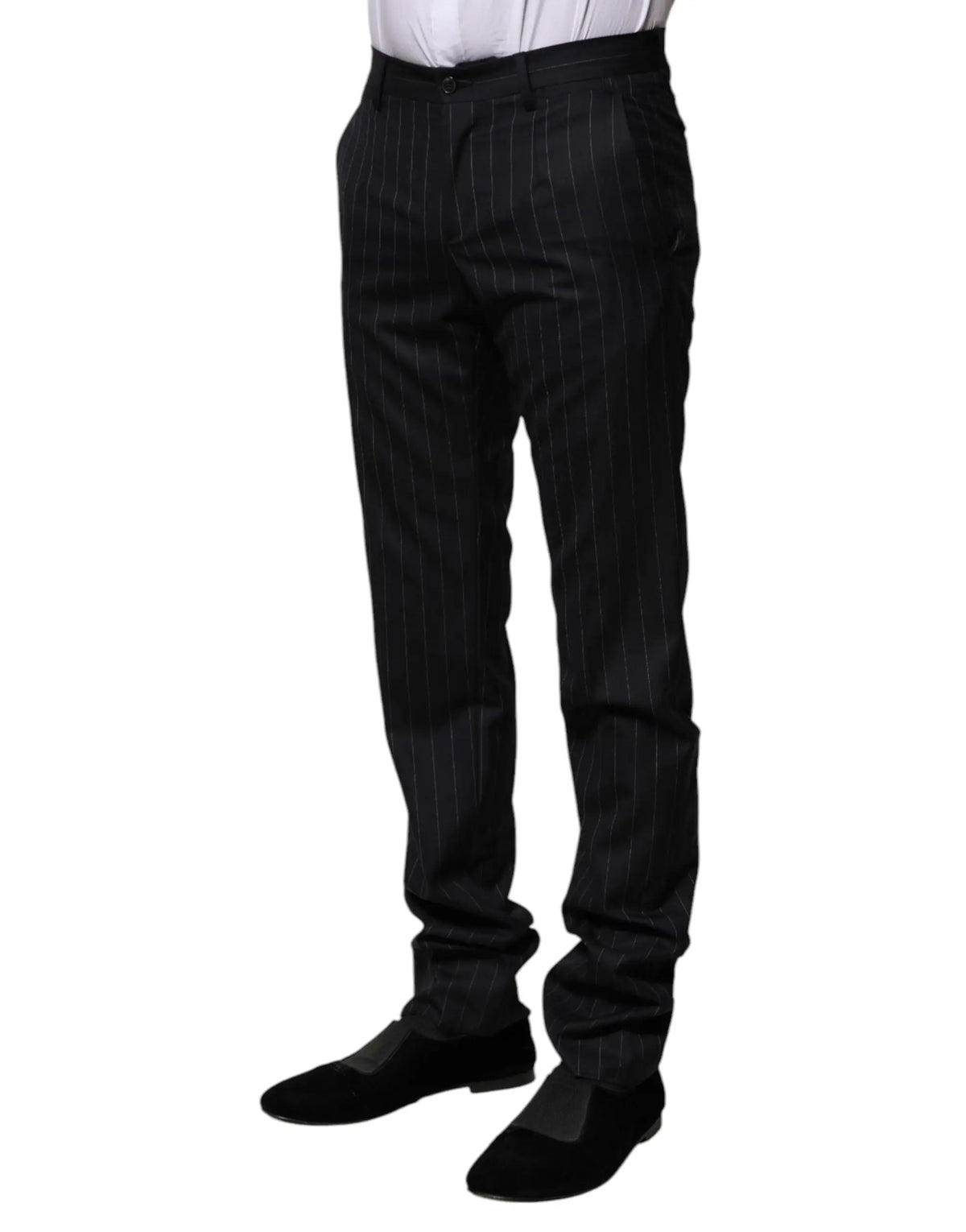 Pantalon formel dolce & gabbana en laine noire à fines rayures verticales avec une coupe slim