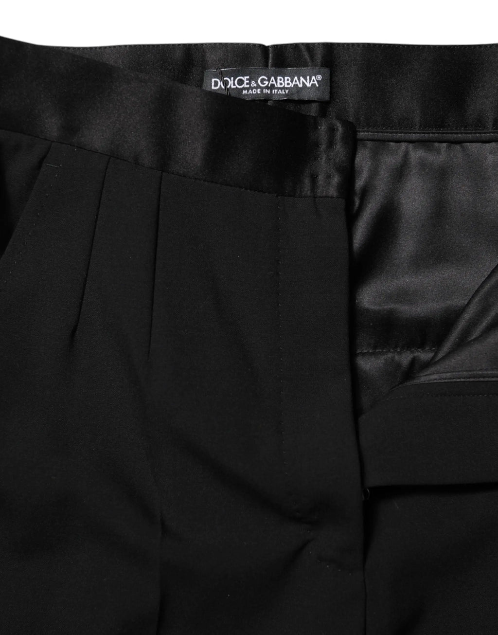 Pantalon noir dolce & gabbana en laine avec taille haute, plissés élégants et ceinture satinée raffinée