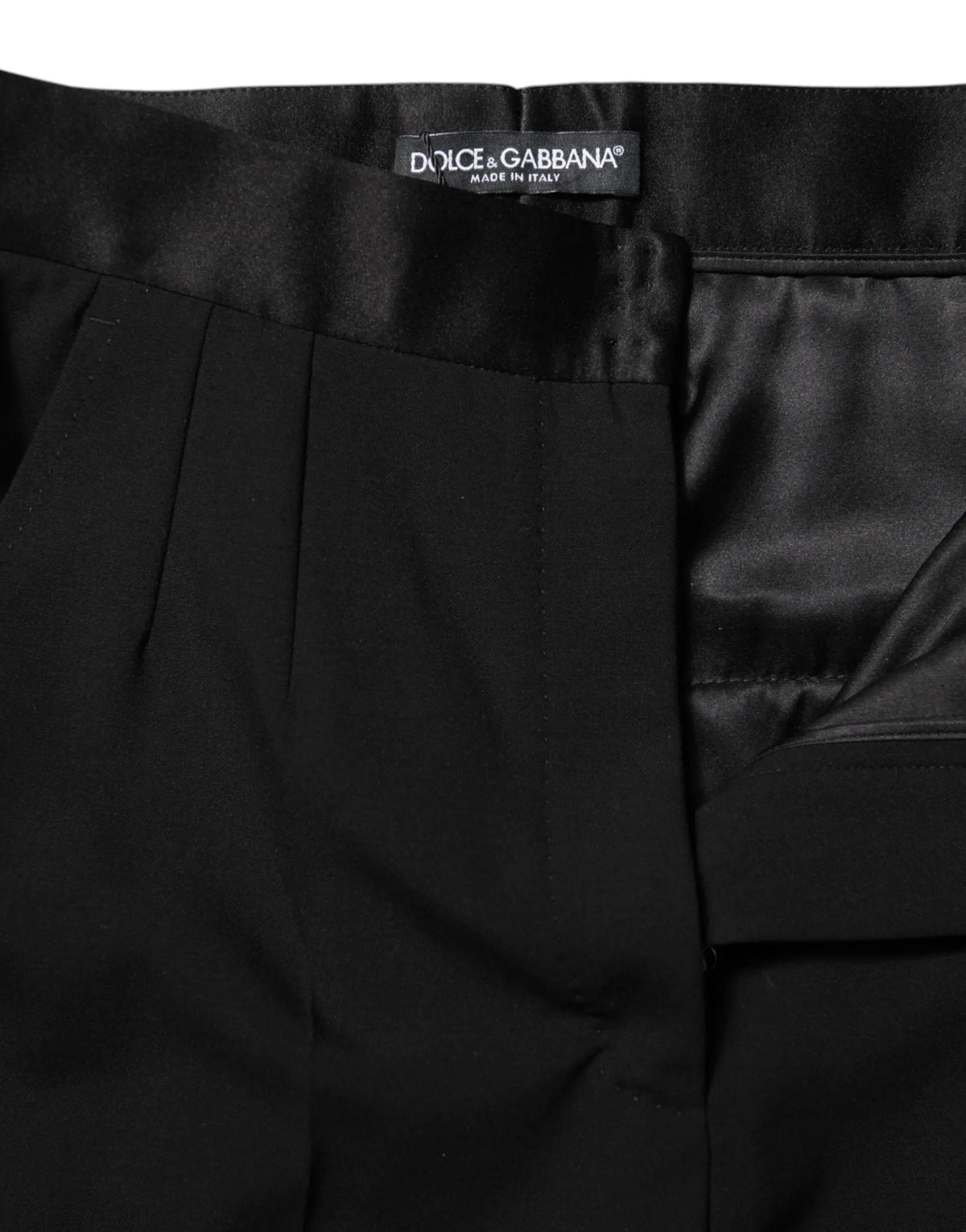 Pantalon noir dolce & gabbana en laine avec taille haute, plissés élégants et ceinture satinée raffinée