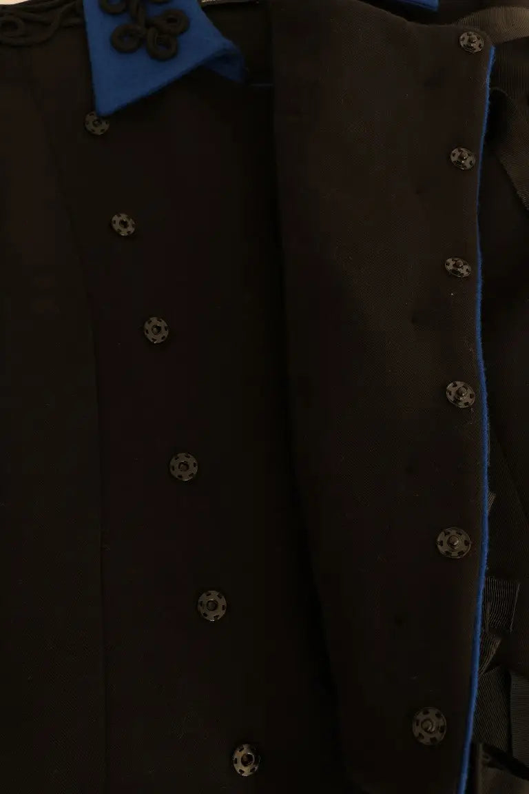 Dolce & gabbana trench en laine noire avec boutons pression argentés et accent bleu au col