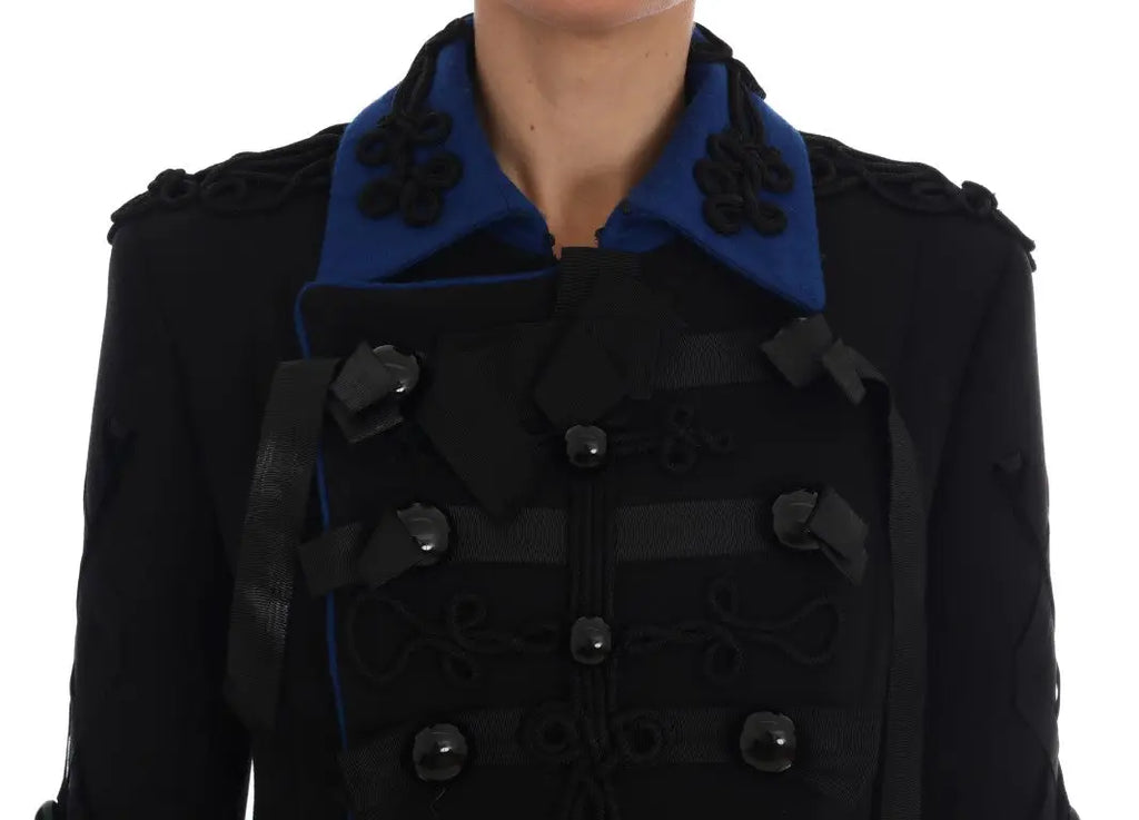 Dolce & Gabbana trench noir en laine à col bleu audacieux et boutons décoratifs noirs style militaire