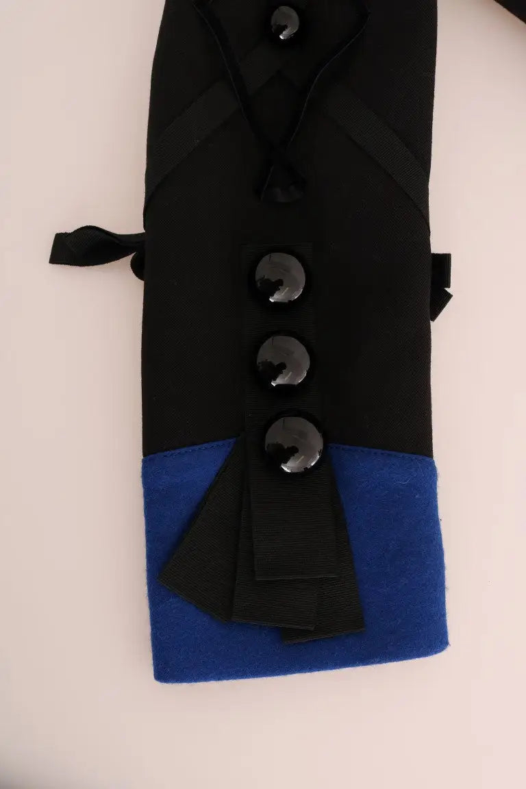 Cuff velvet noir et bleu avec trois boutons noirs brillants du trench en laine noire dolce gabbana