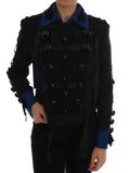 Dolce & gabbana trench en laine noire style militaire avec accents bleus sur col et poignets et boutons décoratifs