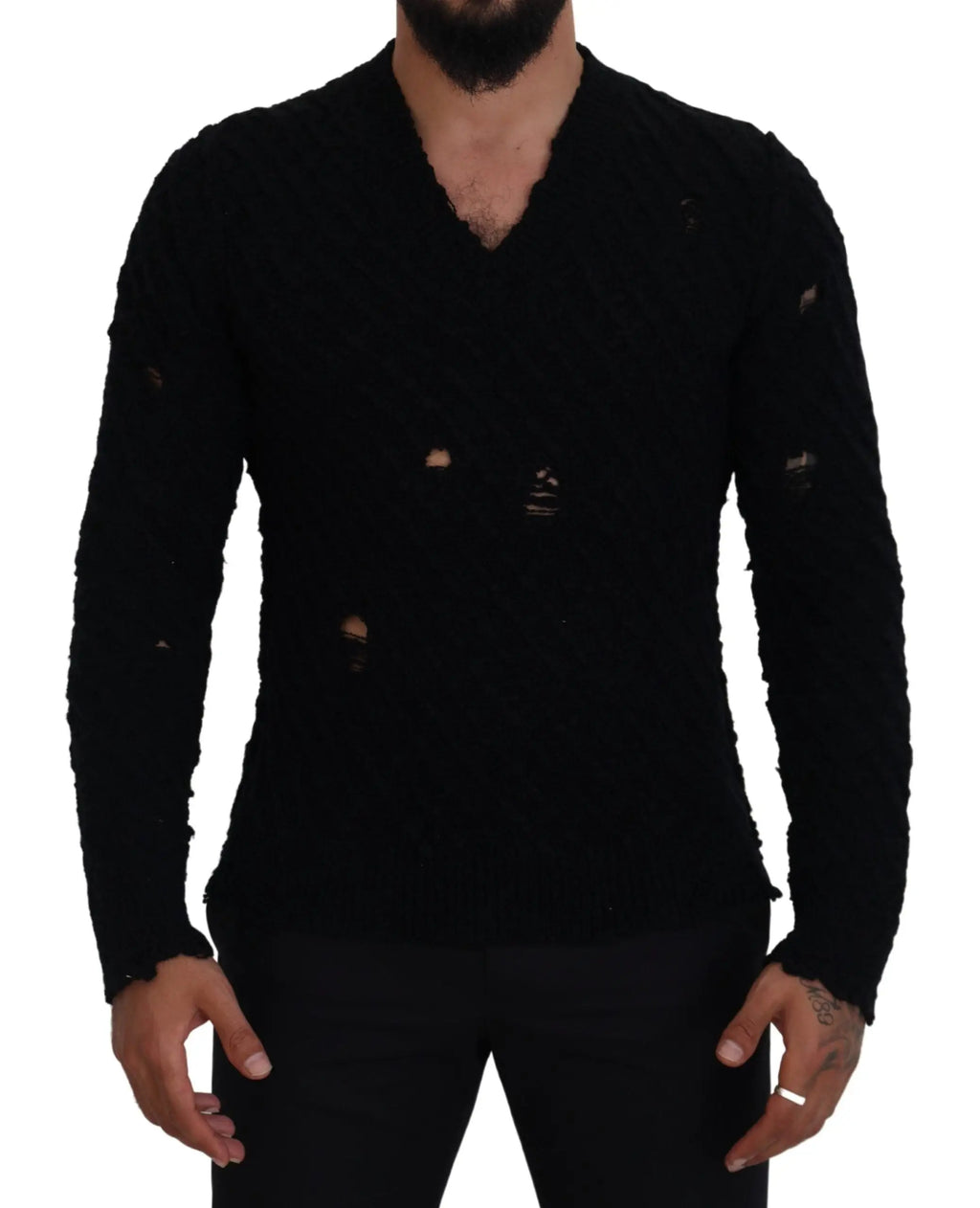 Pull noir en laine dolce gabbana avec col en v tricoté à mailles déchirées et bords effilochés