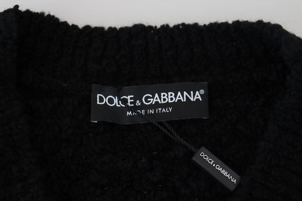 Pull noir en laine dolce & gabbana avec col côtelé texturé et étiquette fabriqué en italie