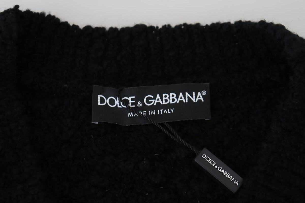 Pull noir en laine dolce & gabbana avec col côtelé texturé et étiquette fabriqué en italie