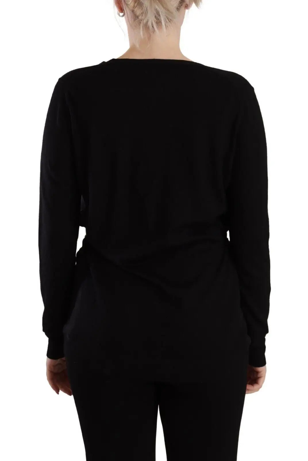 Dolce & gabbana pull noir en laine à manches longues avec encolure en v tissu doux et fronces subtiles à la taille