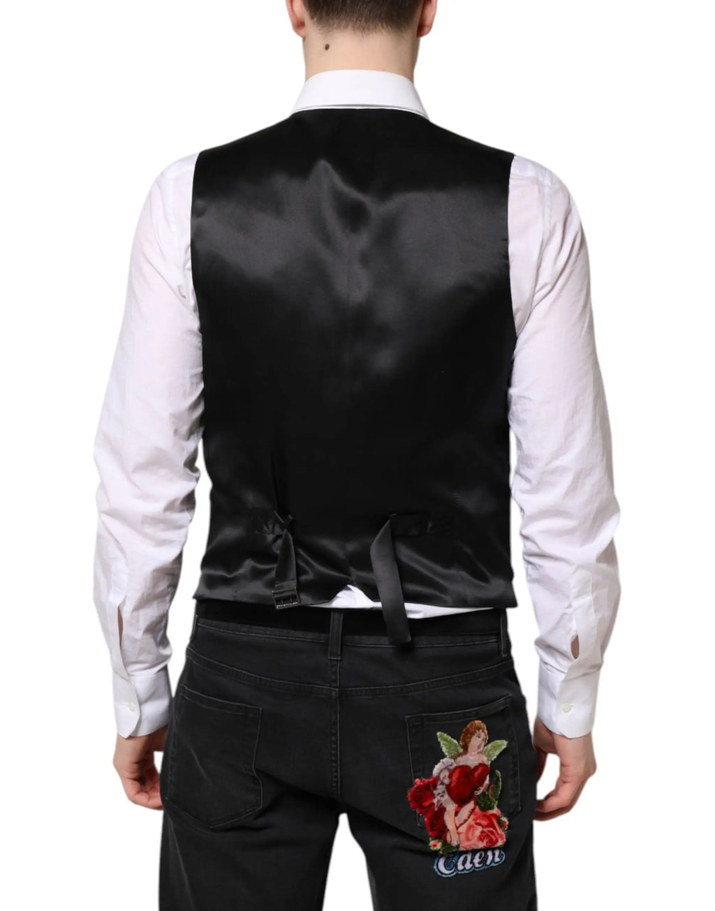 Dolce & Gabbana black satin vest with glossy finish and back ties shown from the back in wool waistcoat style