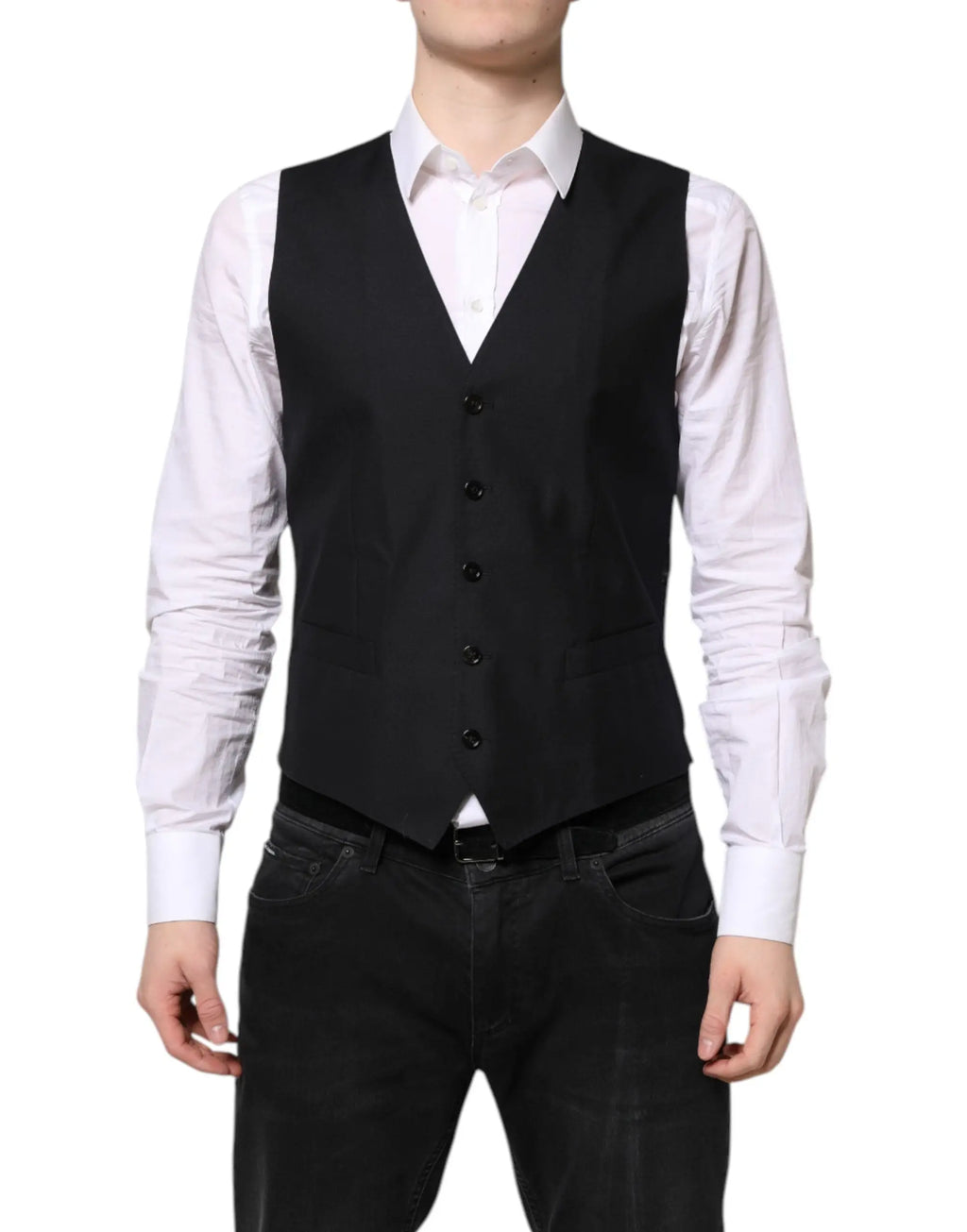 Dolce & gabbana black wool waistcoat dress formal vest with five black buttons and sleek tailored design