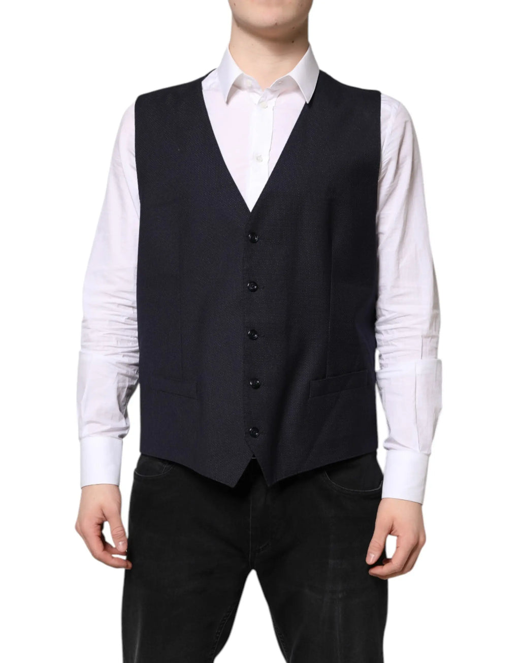 Dolce & Gabbana black wool waistcoat dress with five black buttons and classic v-neck design for formal wear