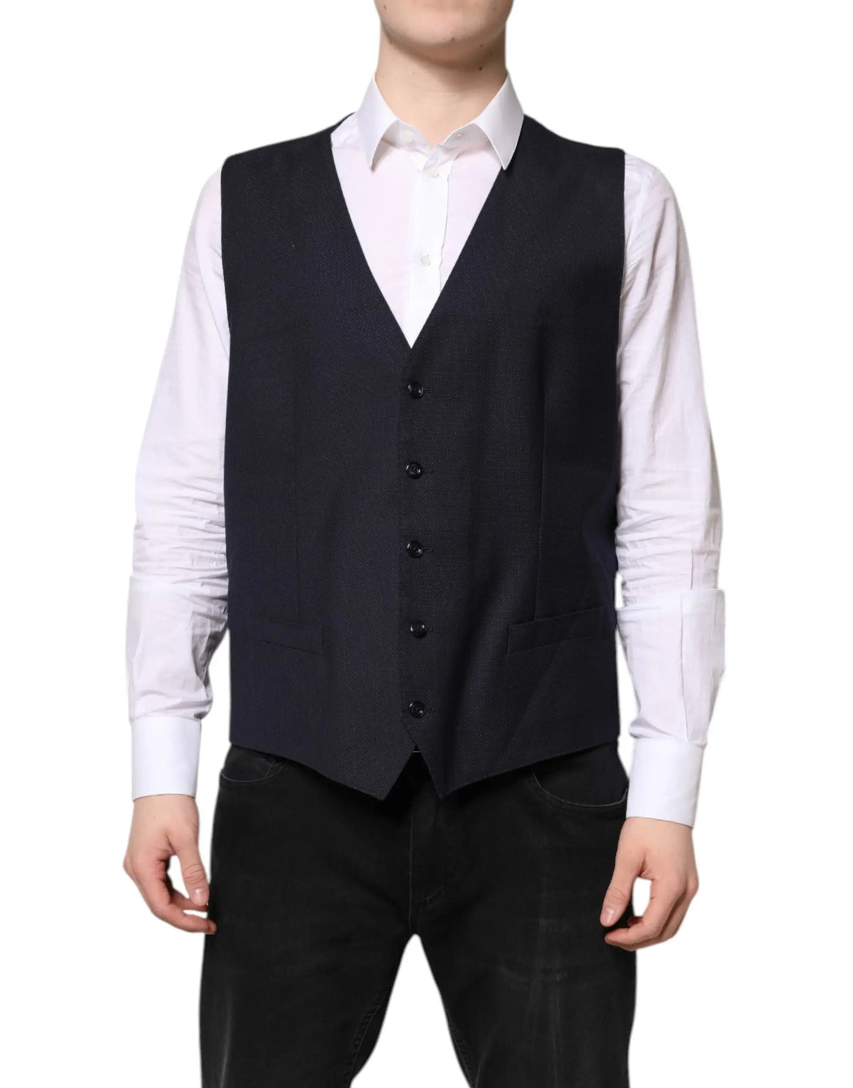 Dolce & Gabbana black wool waistcoat dress with five black buttons and classic v-neck design for formal wear