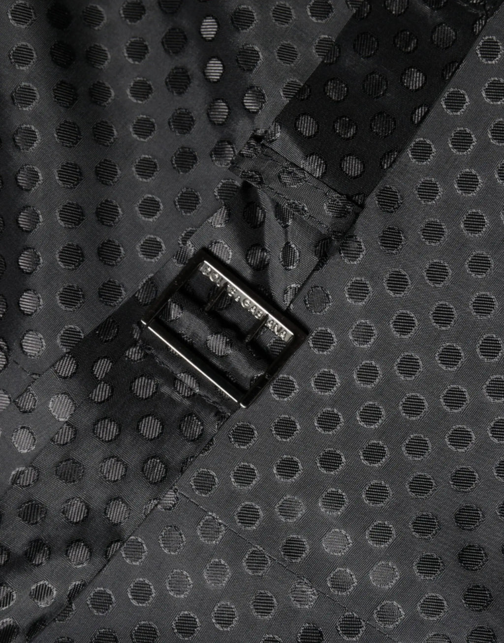 Dolce gabbana black wool waistcoat dress with black polka dot fabric and metallic silver buckle logo detail