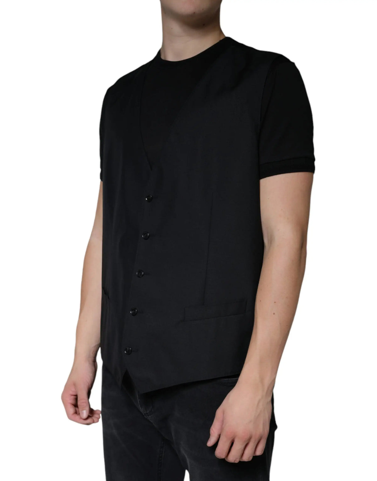 Dolce & Gabbana waistcoat dress black wool with short sleeves and button-up minimalist formal vest design